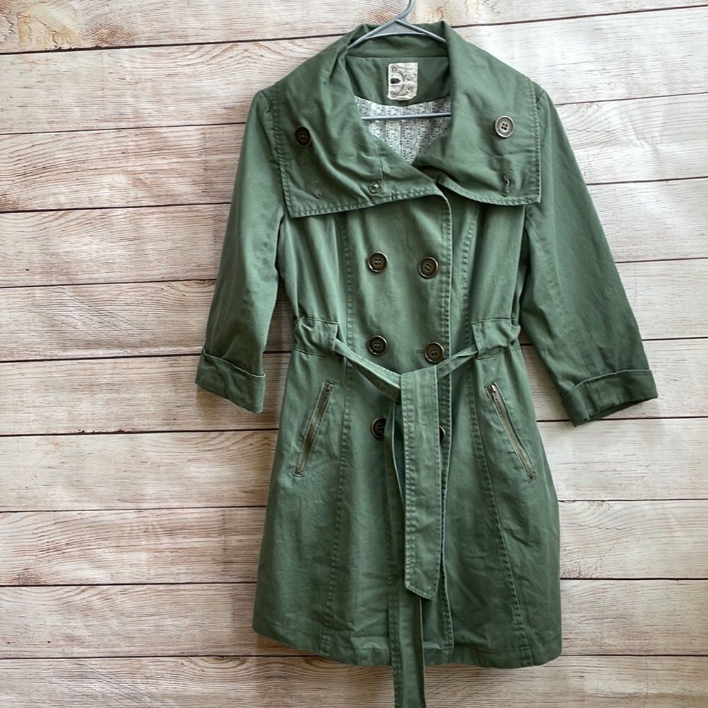 ANTHROPOLOGIE TULLE DOUBLE BREASTED TRENCH COAT IN OLIVE GREEN